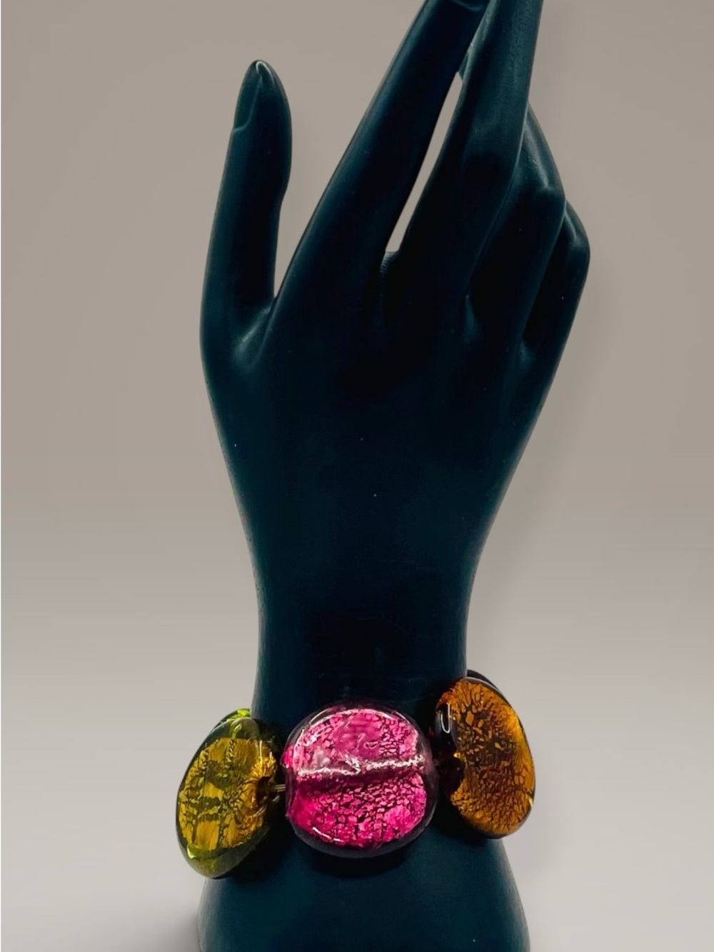 Vintage Colorful Art Glass Foil Cabochon Stretch Bracelet Chunky Statement Piece